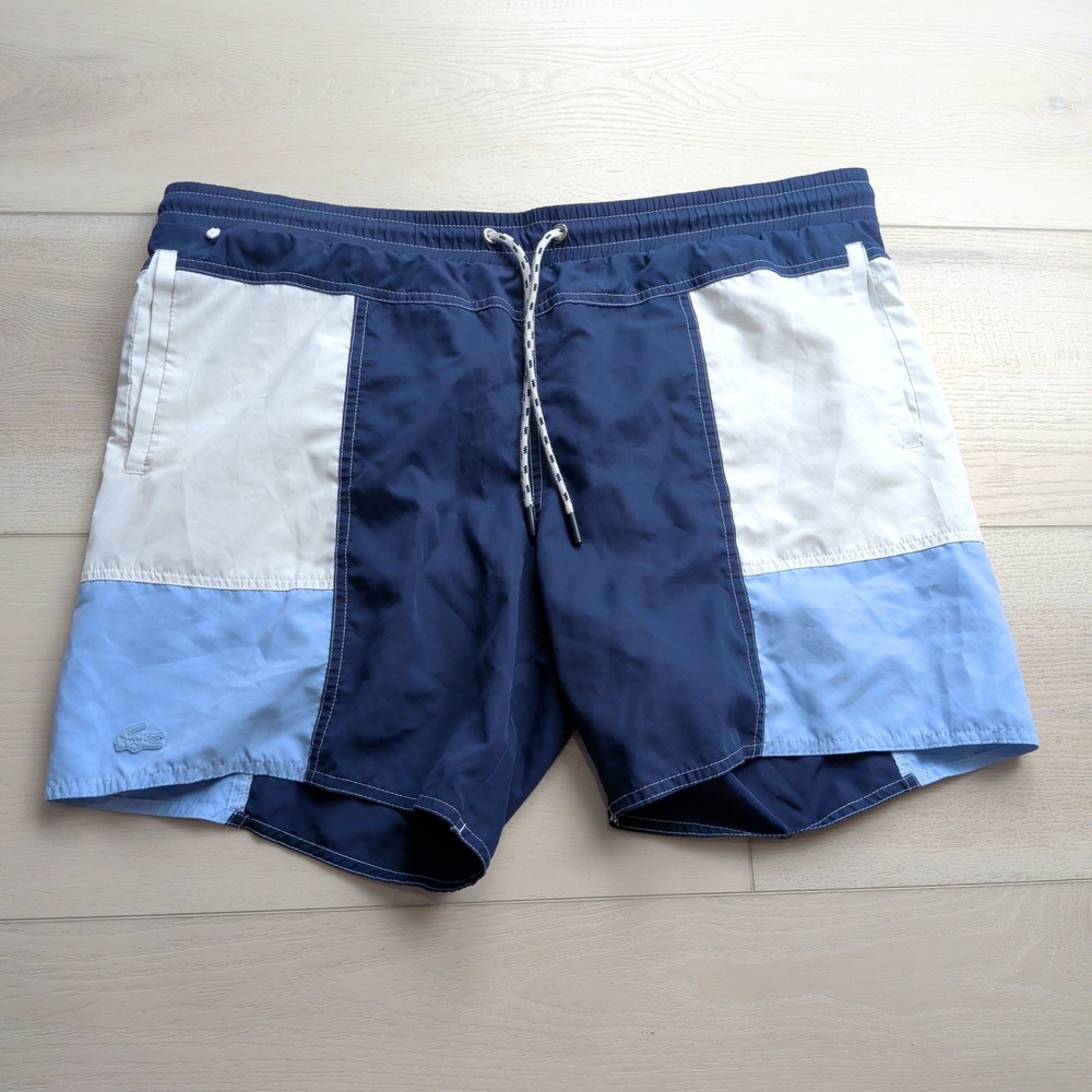 Lacoste Colorblock Swim Trunks Mens L Navy Blue‎ White Mesh Lined Shorts MH9400